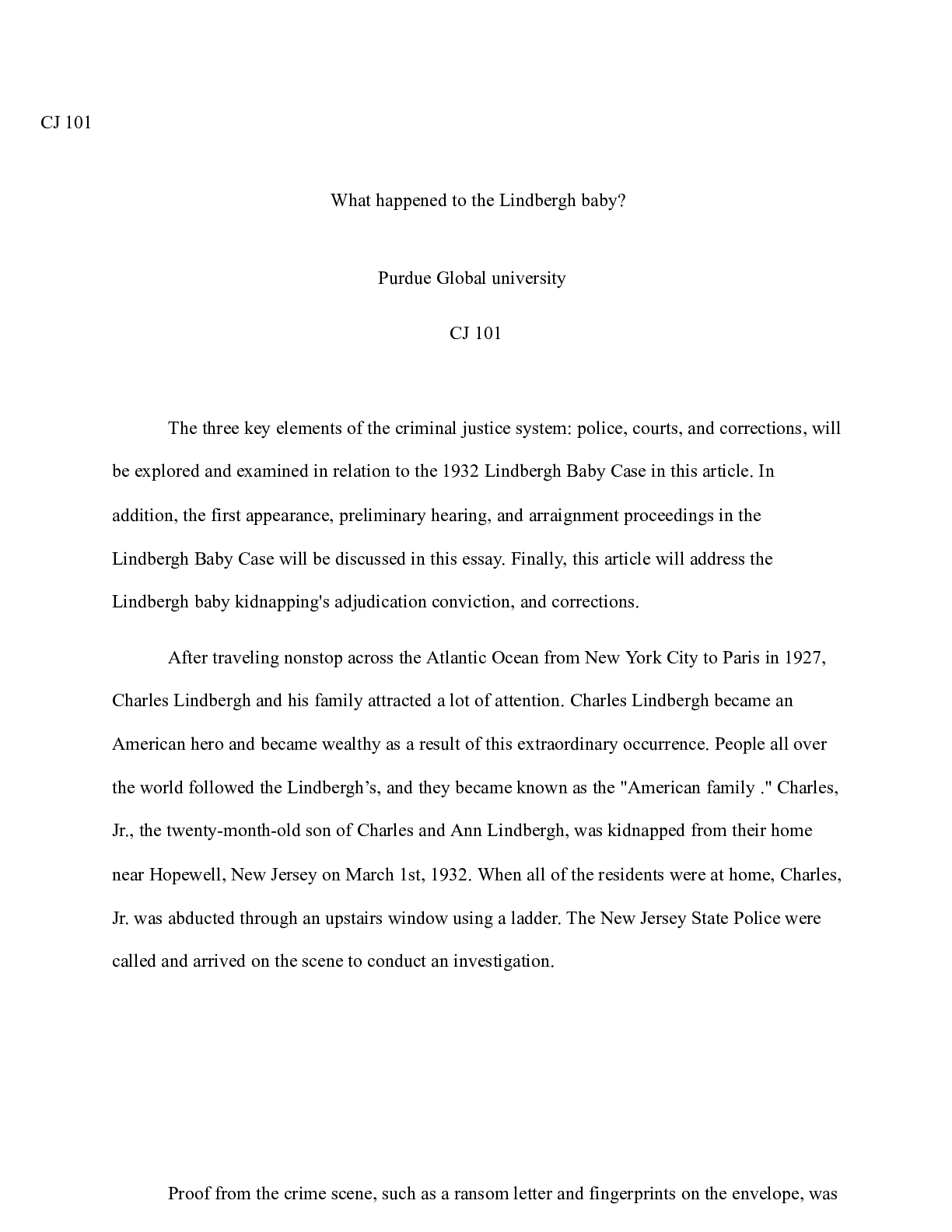 Preview image for Lindbergh baby A1  3 .docx(1)    CJ 101  What happened to the Lindbergh baby?  Purdue Glob